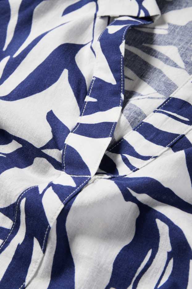 Donna - Blusa con scollo a V - misto lino - fantasia - bianco / blu