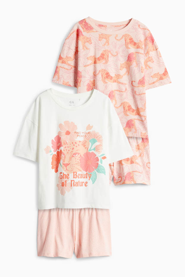 Enfants filles - Lot de 2 - léopard - pyjashort - 4 pièces - blanc / rose