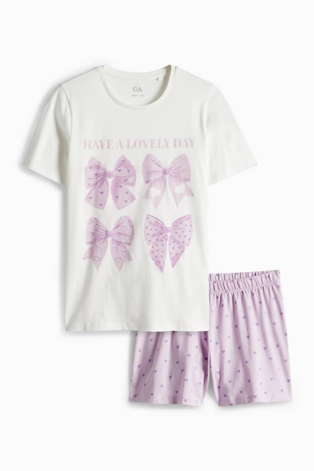 Kinder Mädchen - Schleife und Herz - Shorty-Pyjama - 2 teilig - lila  / weiss