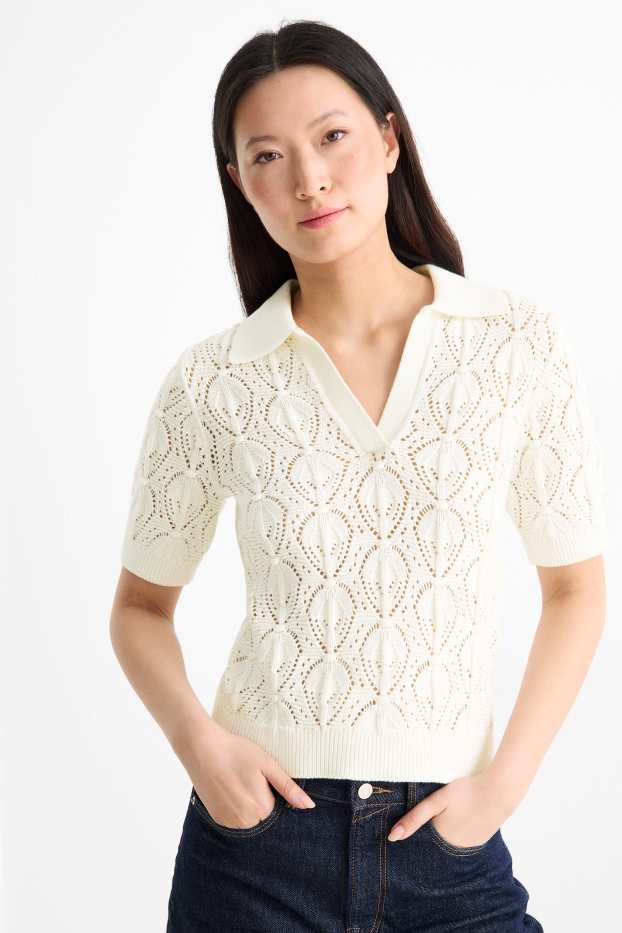 Damen - Strickpullover - kurzarm - cremeweiß