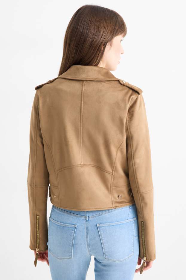 Damen - Bikerjacke - Velourslederimitat - braun