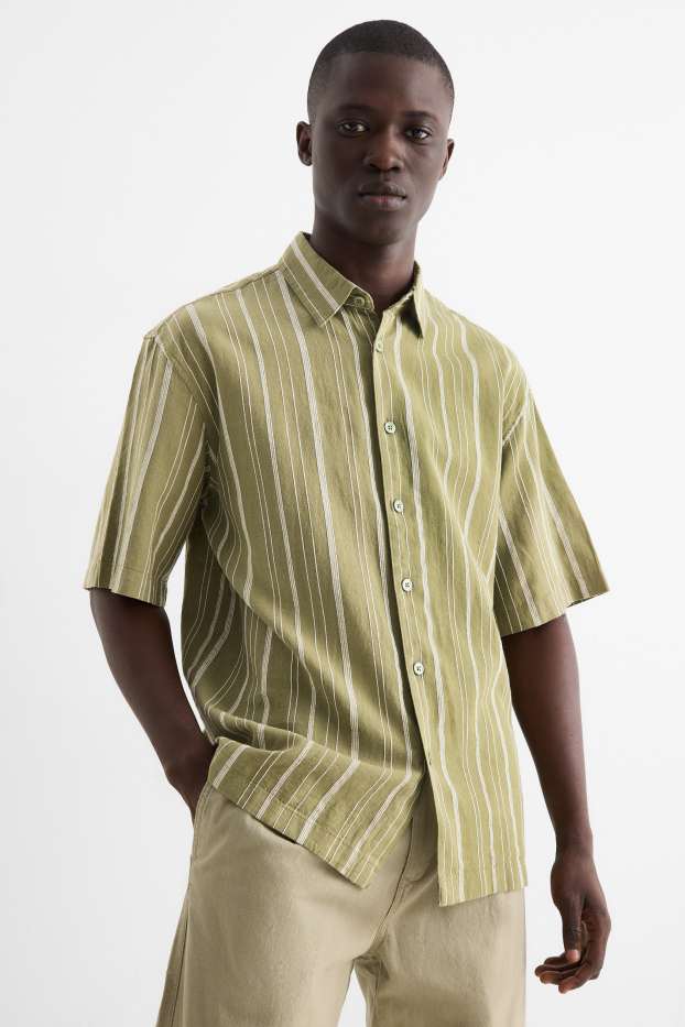 Hommes - Chemise - relaxed fit - col kent - lin mélangé - à rayures - vert