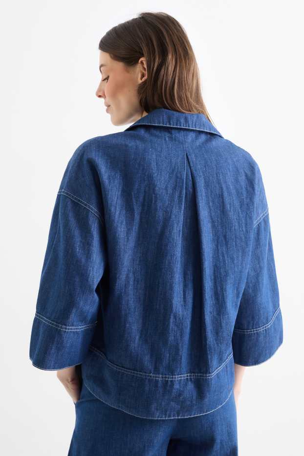 Women - V-neck denim blouse - denim-dark blue