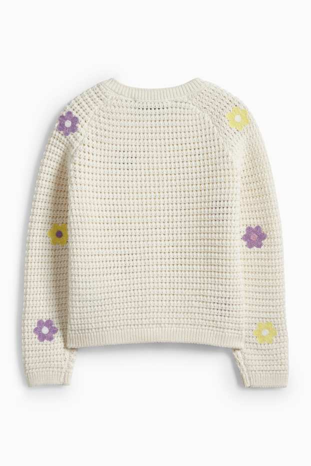 Kinder Mädchen - Blume - Strickjacke - strukturiert - cremeweiss