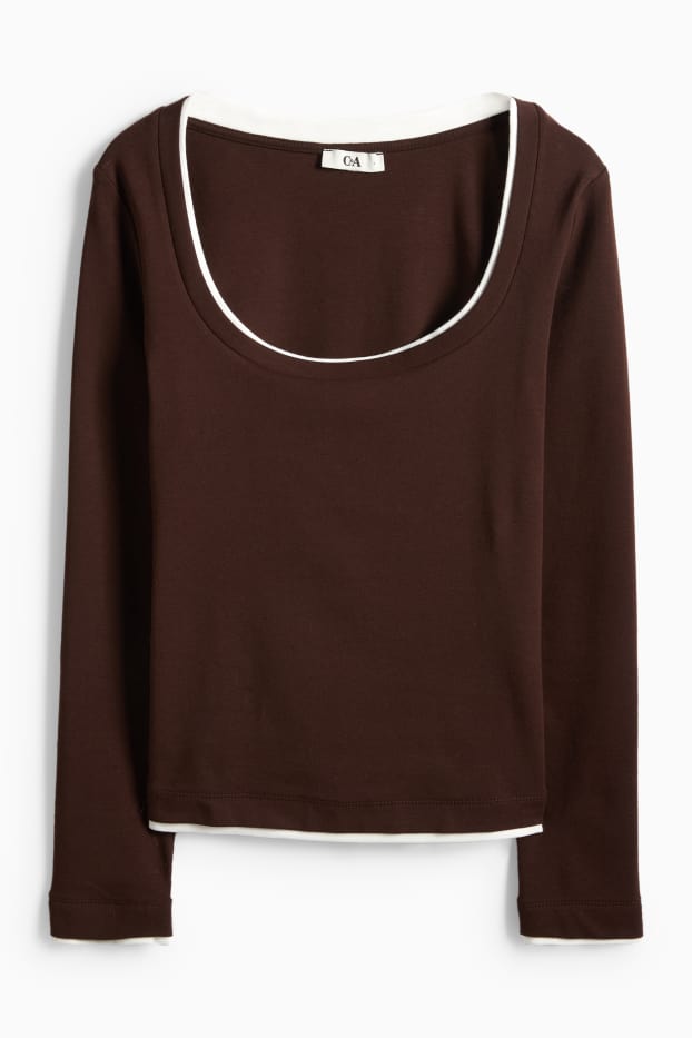 Mujer - Camiseta de manga larga - slim fit - look 2 en 1 - marrón oscuro