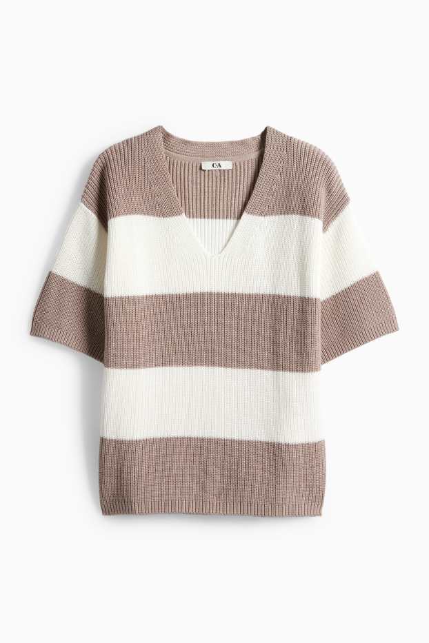 Femmes - Pull en maille - manches courtes - finition côtelée - à rayures - blanc / beige