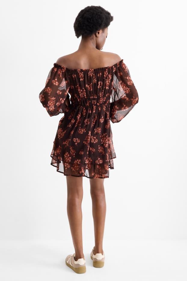 Femmes - Robe Empire - à fleurs - finition texturée - marron foncé