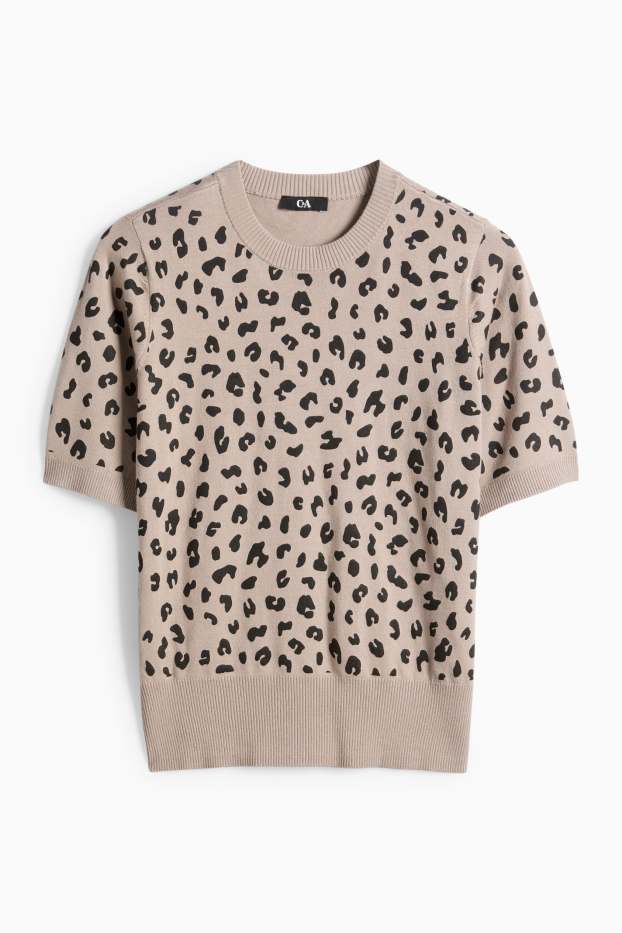 Women - Knitted jumper - short sleeve - leopard print - black / beige