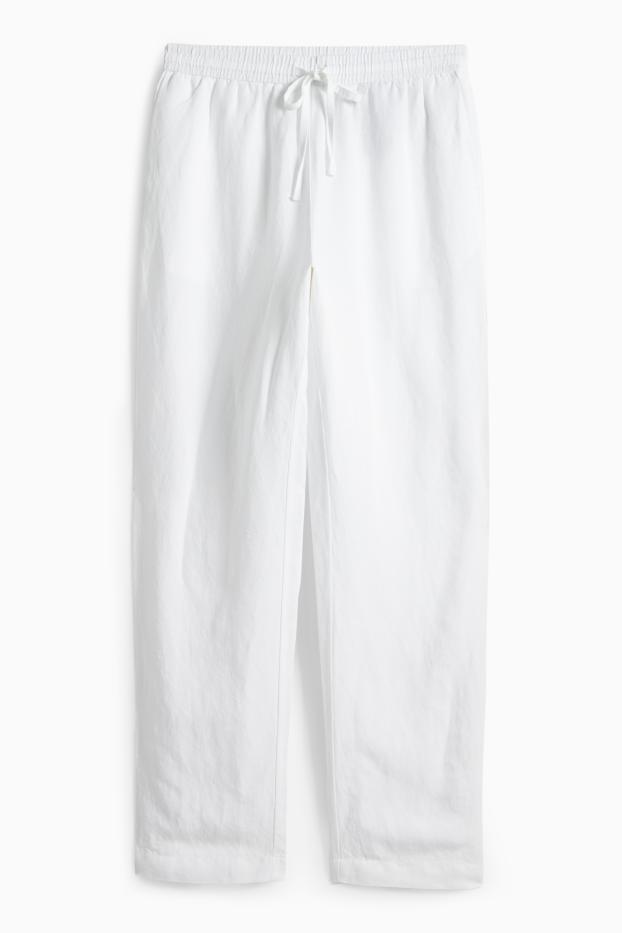 Dámské - Plátěné kalhoty - mid waist - tapered fit - lněná směs - bílá