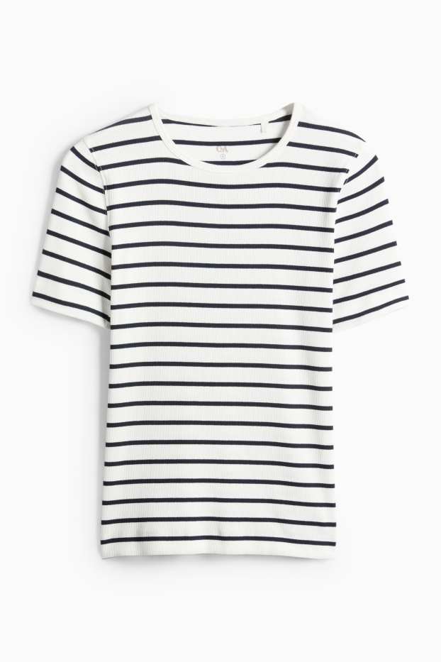 Damen - T-Shirt - Slim Fit - gerippt - gestreift - weiß / schwarz