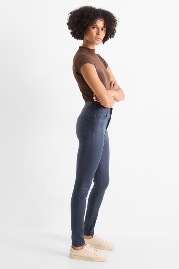 Dámské - Plátěné kalhoty - high waist - skinny fit - imitace kůže - tmavomodrá
