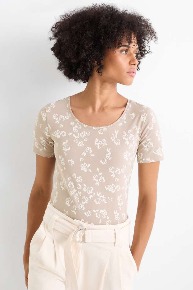 Damen - T-Shirt - Slim Fit - geblümt - beige