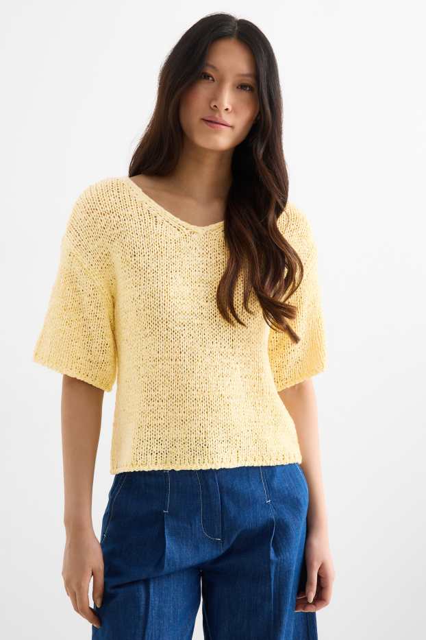 Dames - Gebreide trui - korte mouwen - geel