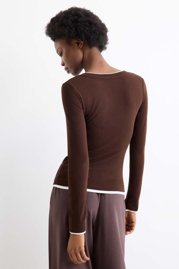 Mujer - Camiseta de manga larga - slim fit - look 2 en 1 - marrón oscuro