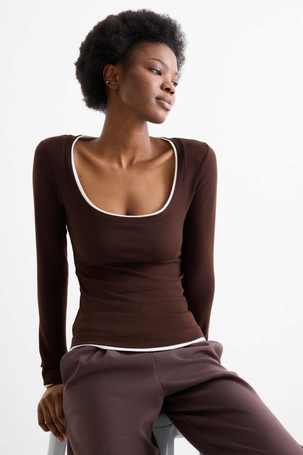 Mujer - Camiseta de manga larga - slim fit - look 2 en 1 - marrón oscuro