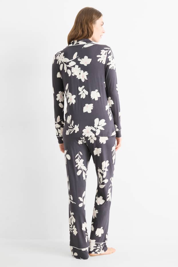 Dames - Pyjama van viscose - gebloemd - donkerblauw / crème wit