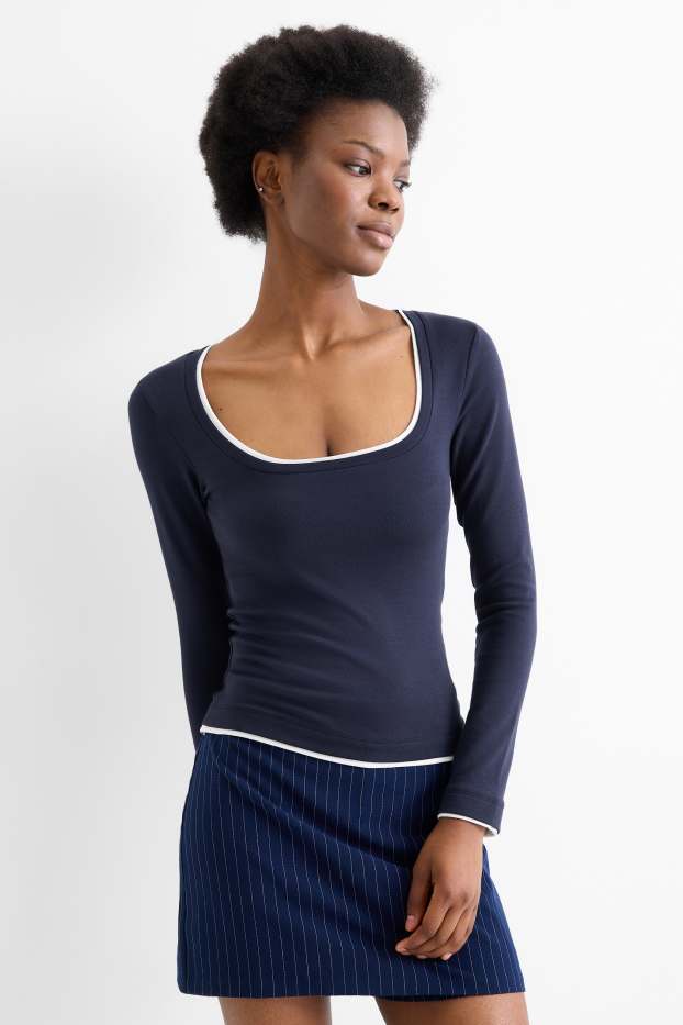 Femmes - Haut à manches longues - slim fit - look 2-en-1 - bleu foncé