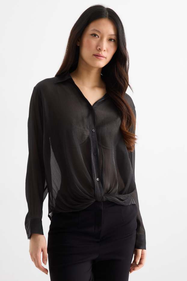 Women - Blouse with knot detail - shiny - black