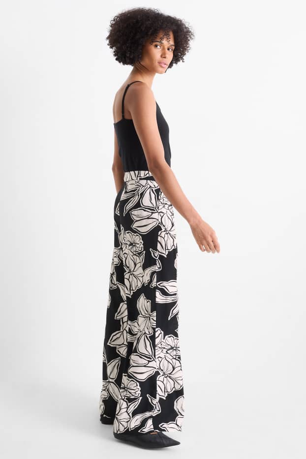 Donna - Pantaloni di stoffa - vita alta - gamba larga - nero / bianco