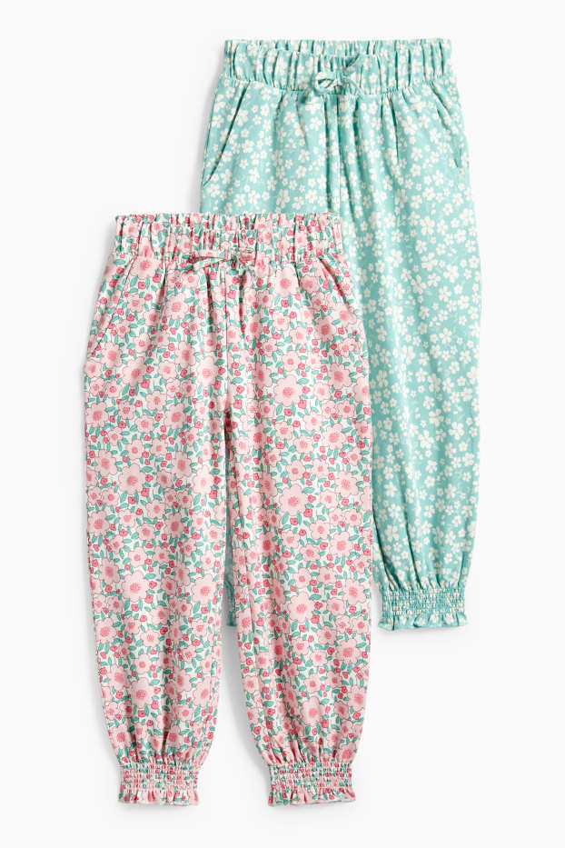 Kinderen: meisjes - Set van 2 - bloem - joggingbroek - groen / roze