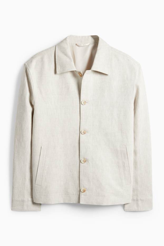 Pánské - Košilová bunda - regular fit - kent - lněná směs - světle béžová