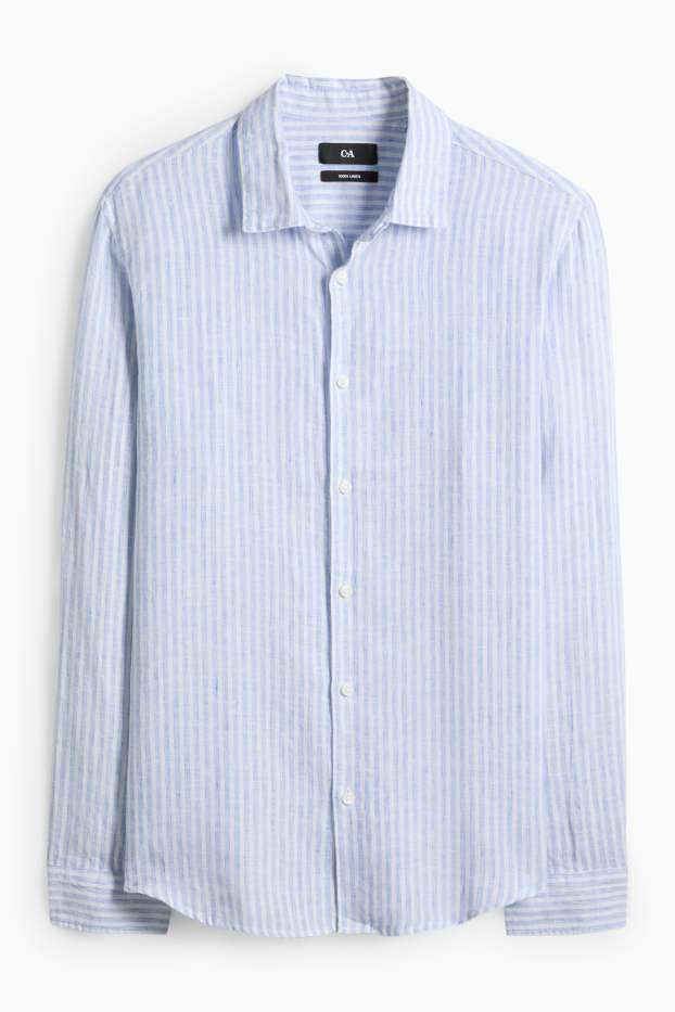 Hommes - Chemise en lin - regular fit - col Kent - à rayures - bleu / blanc