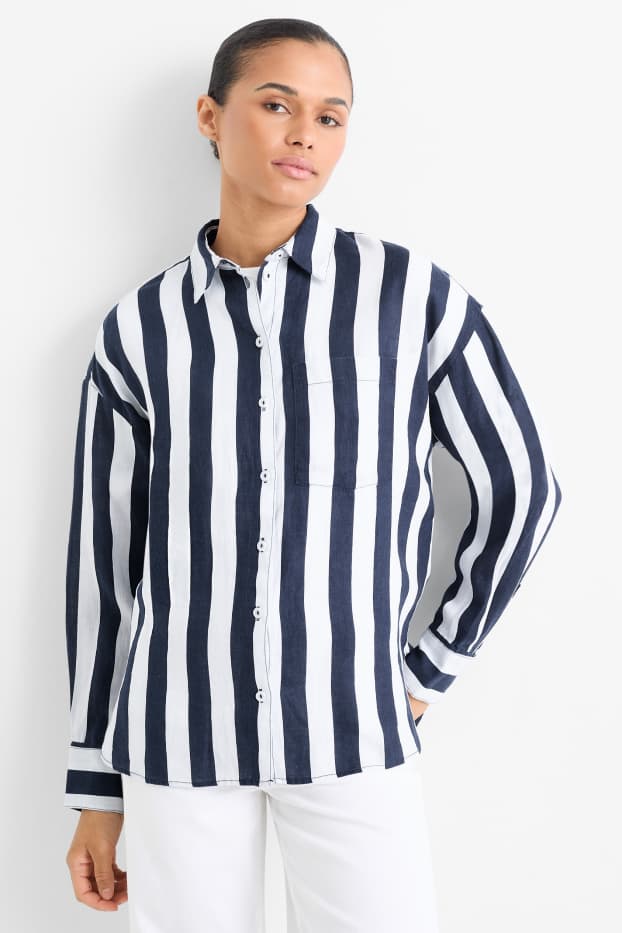 Dona - Camisa de lli - de ratlles - blau fosc / blanc