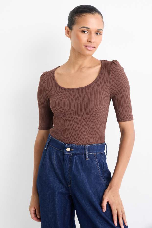 Damen - T-Shirt - Regular Fit - gerippt - dunkelbraun