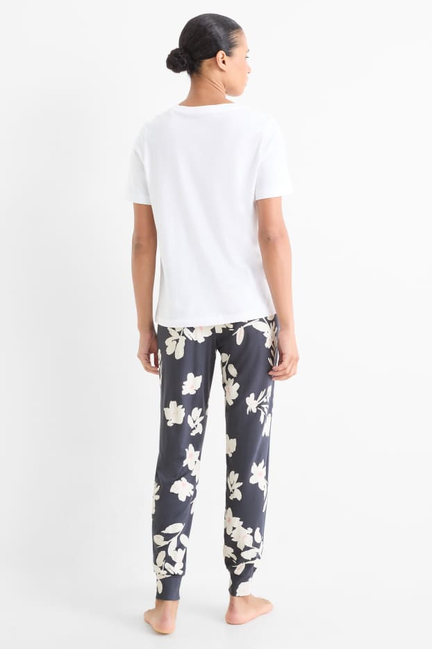 Damen - Viskose-Pyjamahose - geblümt - dunkelblau / cremeweiss