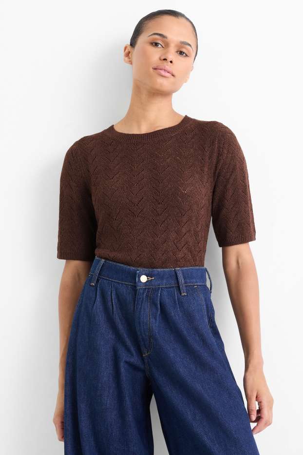 Dames - Gebreide trui - korte mouwen - donkerbruin