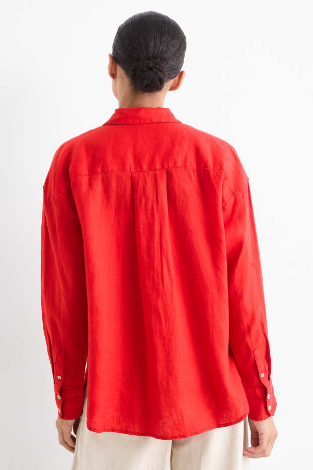 Femei - Bluză tip cămașă din in - roșu