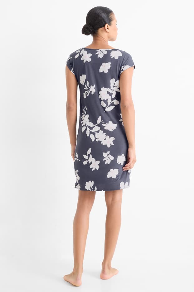 Donna - Camicia da notte di viscosa - a fiori - blu scuro / bianco crema