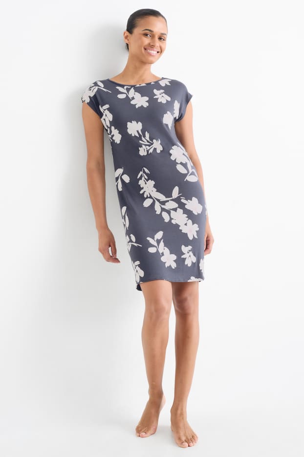 Donna - Camicia da notte di viscosa - a fiori - blu scuro / bianco crema