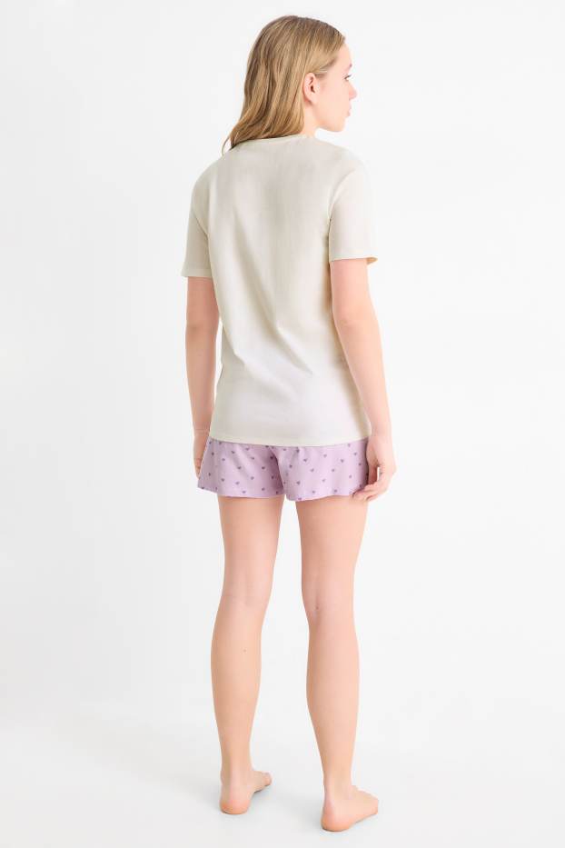 Kinder Mädchen - Schleife und Herz - Shorty-Pyjama - 2 teilig - lila  / weiss
