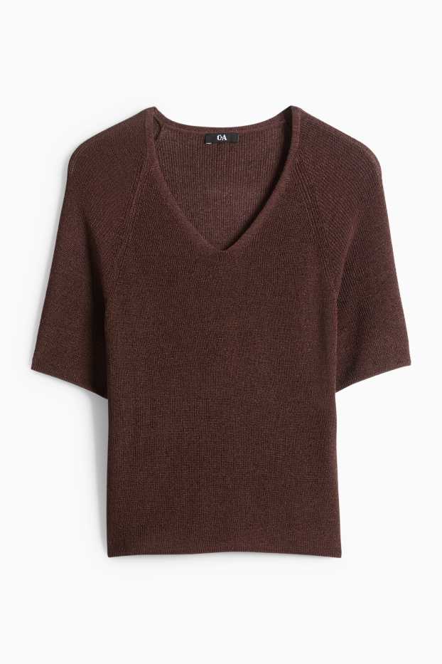 Femmes - Pull de maille - manches courtes - effet brillant - marron foncé