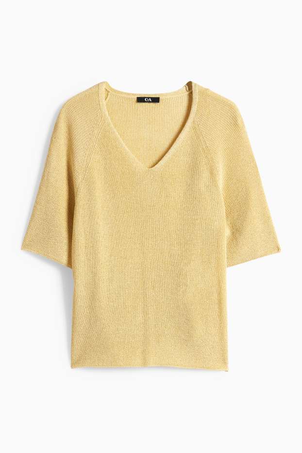 Damen - Strickpullover - kurzarm - Glanz-Effekt - gelb