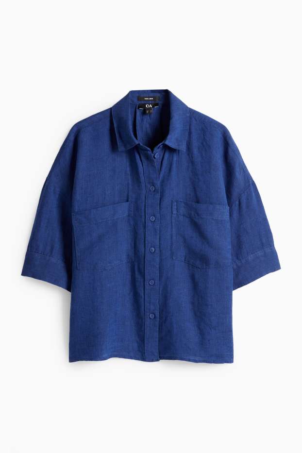 Dames - Linnen overhemdblouse - donkerblauw