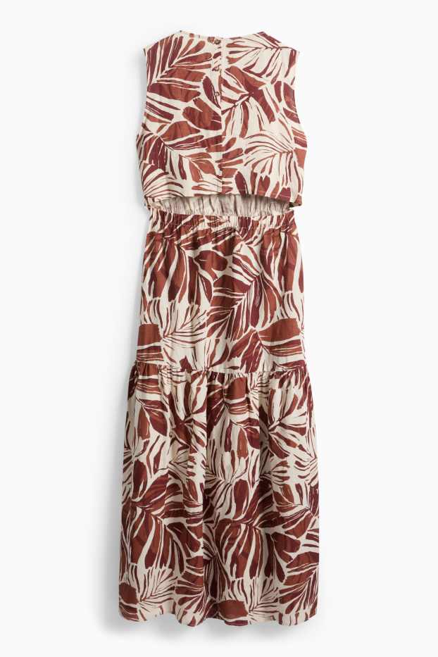 Dámské - Šaty fit & flare - lněná směs - se vzorem - hnědá / krémově bílá