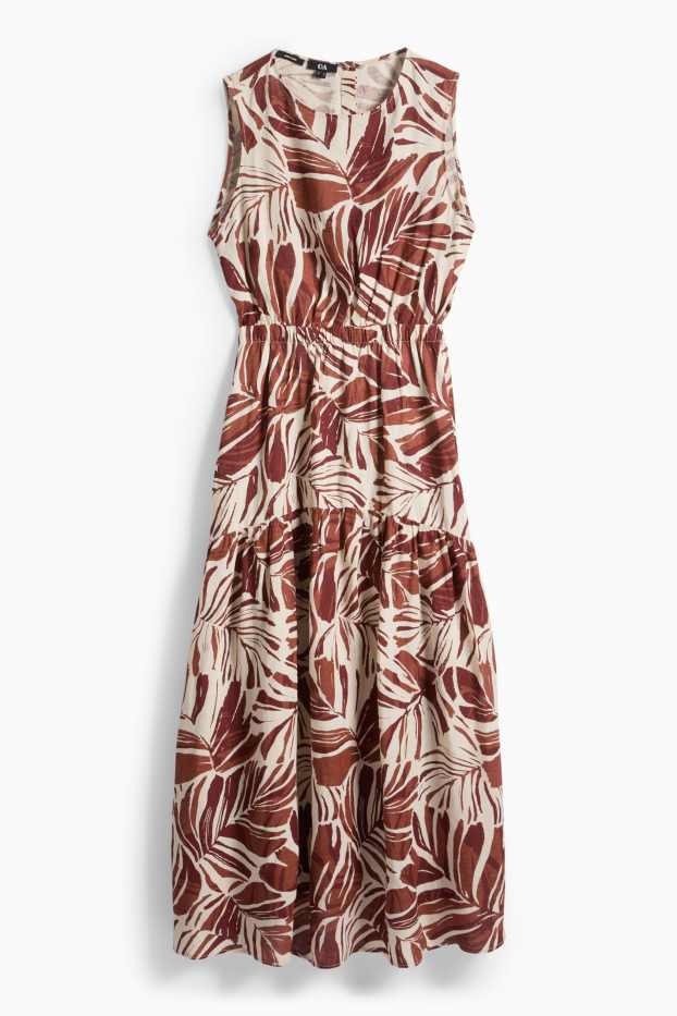 Dámské - Šaty fit & flare - lněná směs - se vzorem - hnědá / krémově bílá