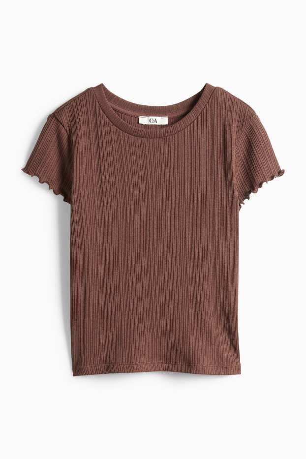 Damen - Crop T-Shirt - Slim Fit - gerippt - braun