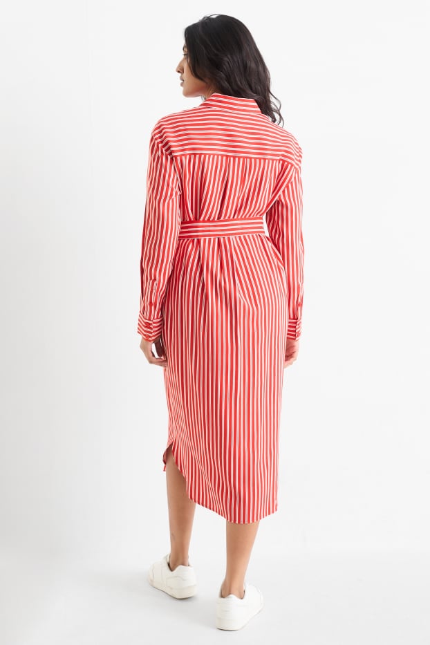 Damen - Blusenkleid mit Gürtel - gestreift - rot