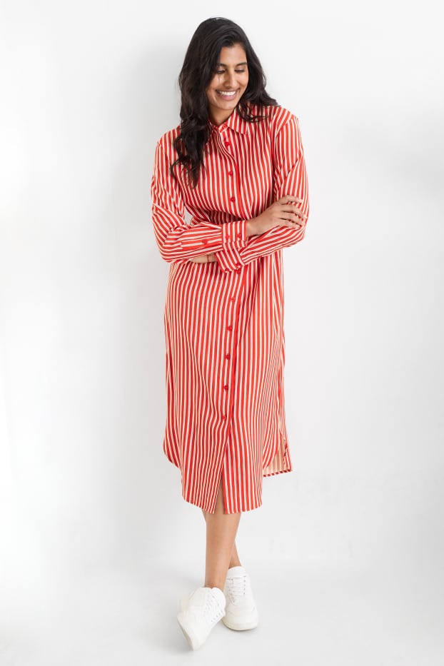 Damen - Blusenkleid mit Gürtel - gestreift - rot