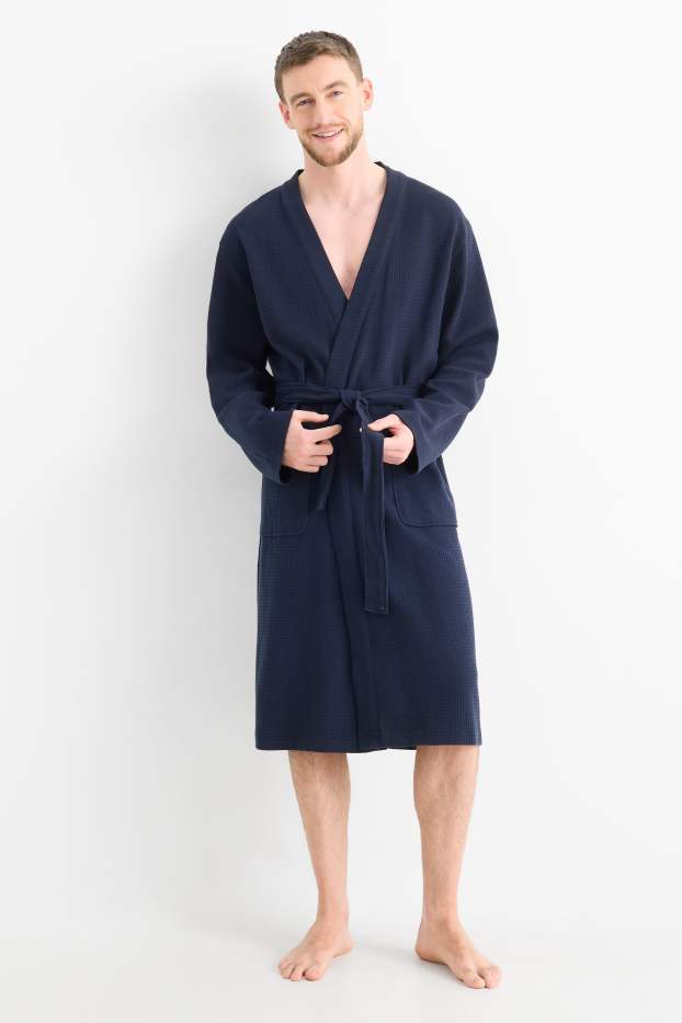 Men - Bathrobe - textured - dark blue