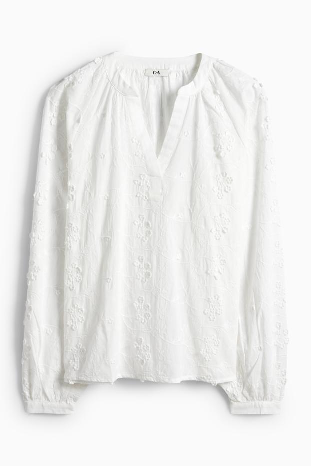 Dona - Brusa amb coll en punta - de flors - texturada - blanc