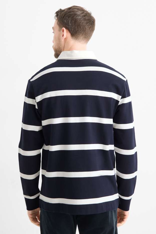 Heren - Poloshirt met lange mouwen - relaxed fit - gestreept - donkerblauw / wit