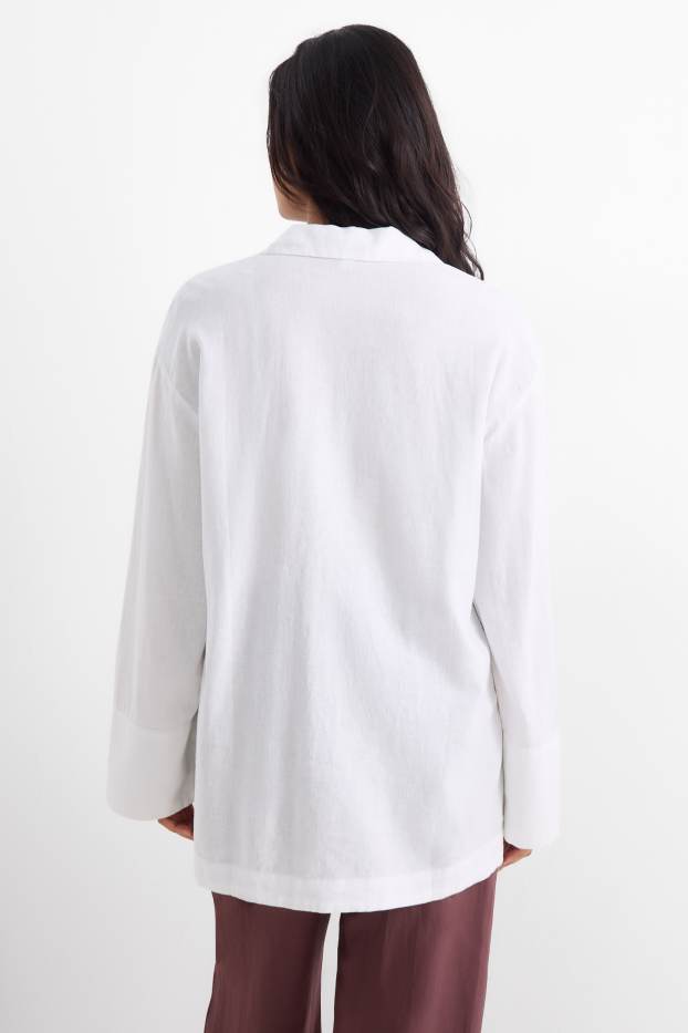 Donna - Blusa con scollo a V - misto lino - bianco