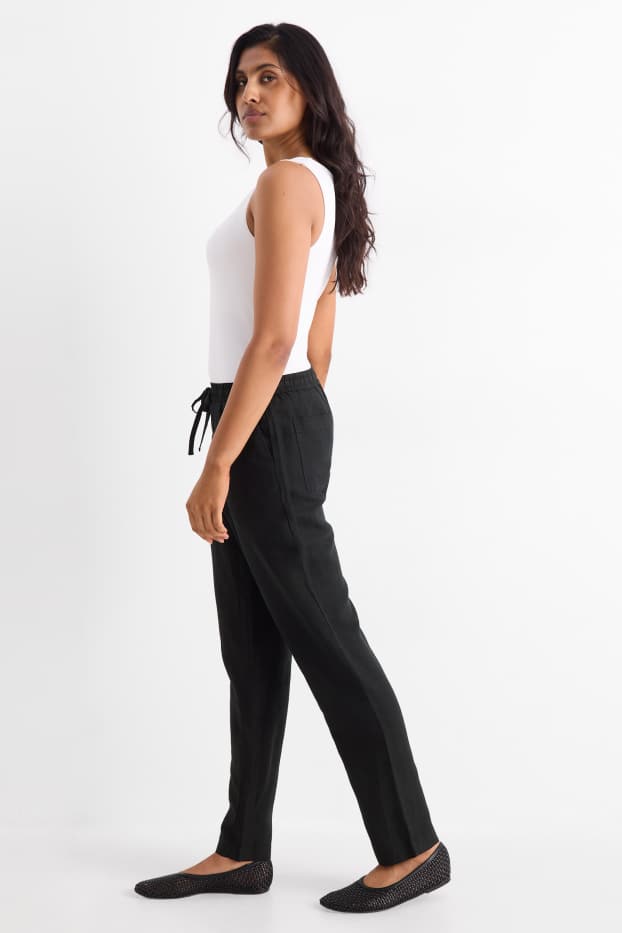 Dames - Pantalon - mid waist - tapered fit - linnenmix - zwart