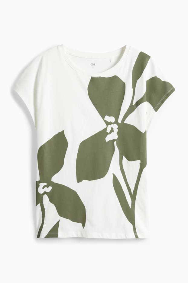 Dámské - Tričko - regular fit - s květinovým vzorem - bílá/zelená