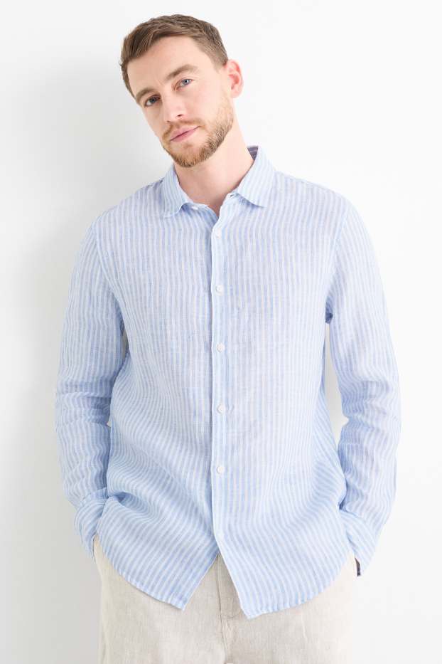 Hommes - Chemise en lin - regular fit - col Kent - à rayures - bleu / blanc