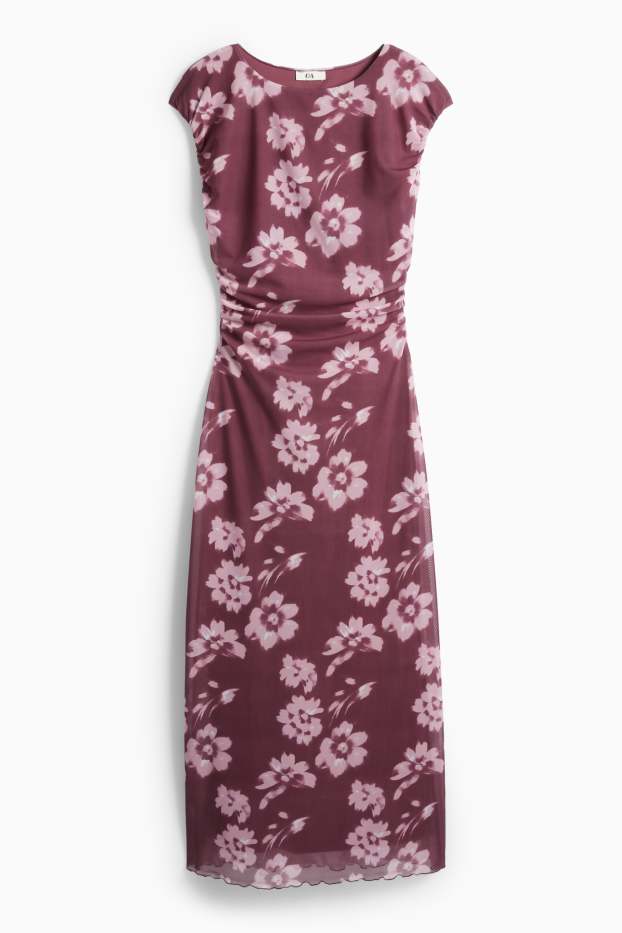 Femmes - Robe en maille-filet - à fleurs - bordeaux